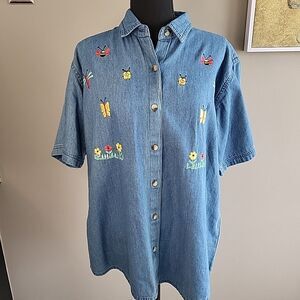 VINTAGE Take Two Embroidered Denim Shirt Bees Butterflies Cottageco Garden L